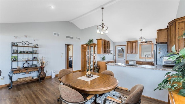 dining room featuring visible vents, beam ceiling, a chandelier, and dark wood-style flooring
