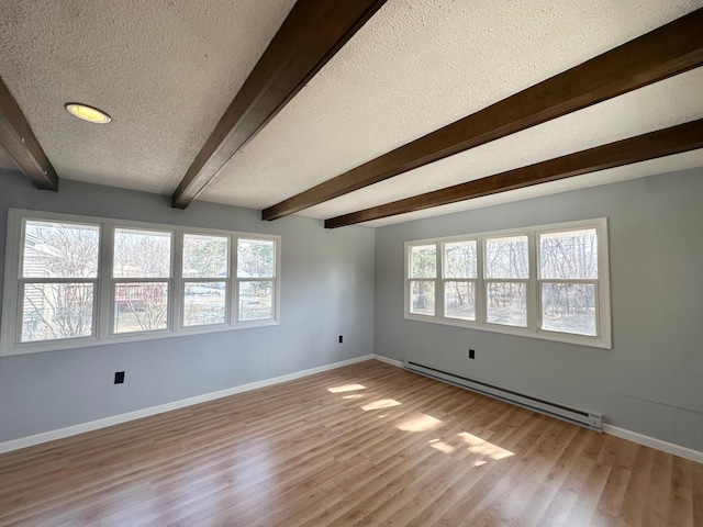 spare room featuring baseboards, beamed ceiling, baseboard heating, wood finished floors, and a textured ceiling