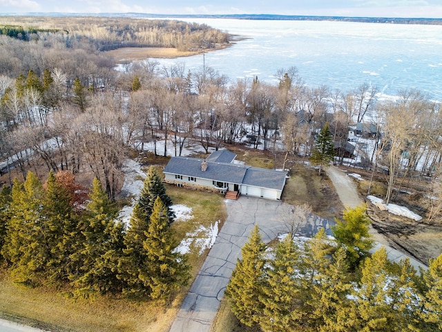 drone / aerial view featuring a water view