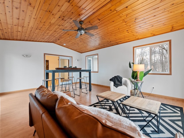 living area featuring baseboards, wood ceiling, lofted ceiling, and wood finished floors