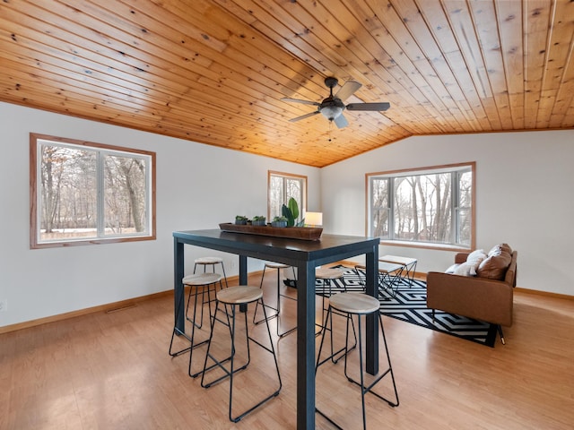 dining space with lofted ceiling, wood ceiling, light wood-style floors, and baseboards