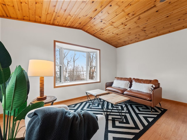 living room featuring wood ceiling, wood finished floors, baseboards, and vaulted ceiling