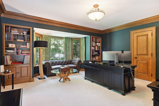 office space with ornamental molding and carpet flooring