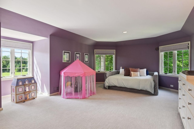 bedroom featuring multiple windows, carpet, and baseboards