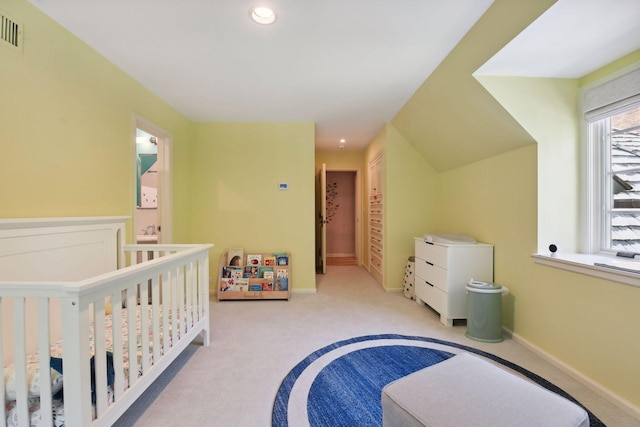 bedroom with recessed lighting, visible vents, baseboards, and carpet