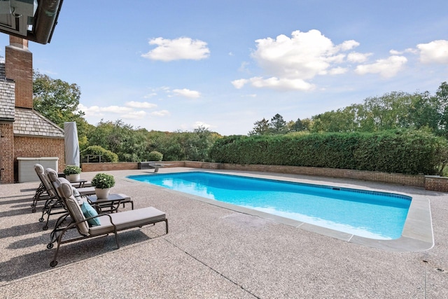 view of pool featuring a patio, a fenced in pool, and a diving board