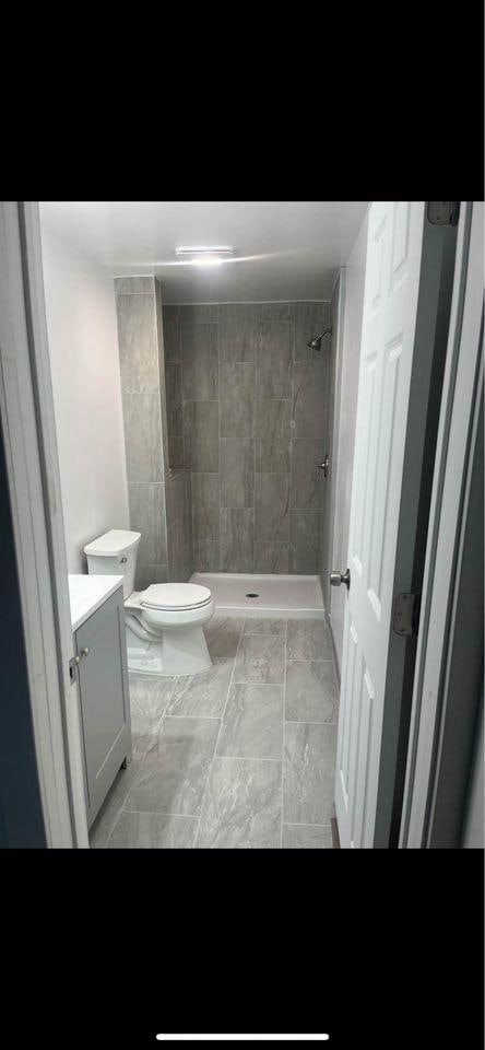 bathroom with vanity, a shower stall, and toilet