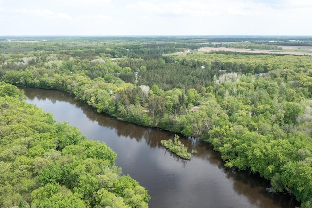 drone / aerial view with a water view and a view of trees