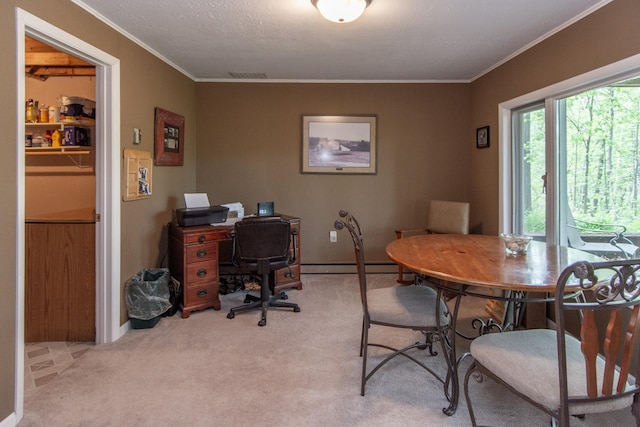 office area with light carpet, baseboard heating, visible vents, and crown molding