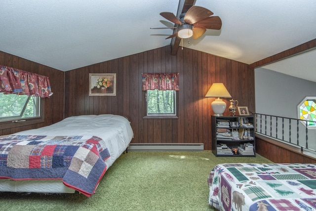 carpeted bedroom featuring lofted ceiling with beams, wood walls, a baseboard radiator, and a ceiling fan