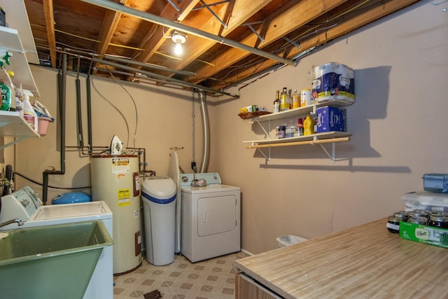 laundry area with laundry area, water heater, a sink, and washing machine and clothes dryer