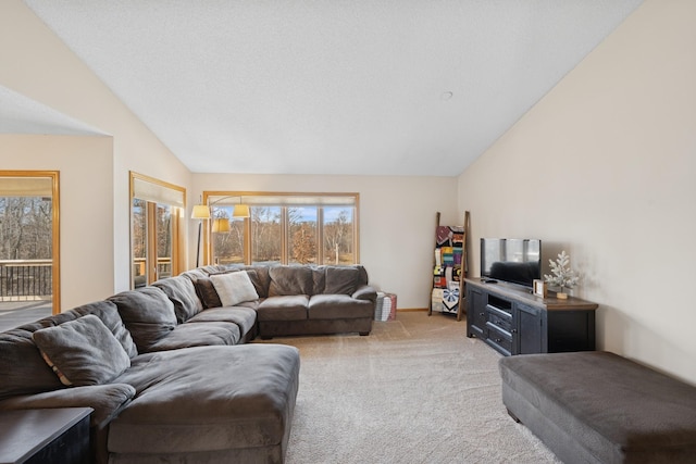 living room featuring lofted ceiling and light carpet