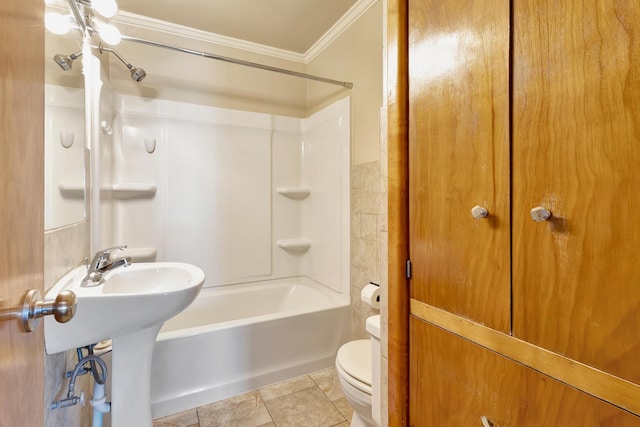 full bath with shower / bathtub combination, tile patterned flooring, toilet, and crown molding