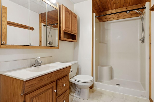 bathroom featuring vanity, toilet, tile patterned flooring, and a walk in shower