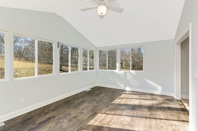 unfurnished sunroom featuring baseboards, wood finished floors, and lofted ceiling