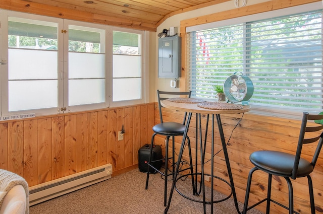 dining space featuring electric panel, wooden walls, a baseboard radiator, wood ceiling, and vaulted ceiling