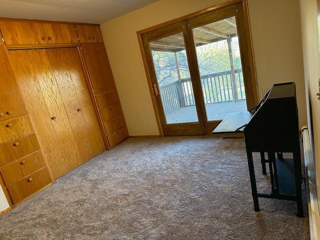 bedroom with access to outside, a closet, and carpet flooring