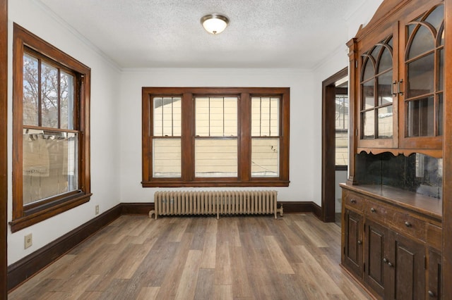 unfurnished dining area featuring radiator heating unit, wood finished floors, baseboards, and a textured ceiling