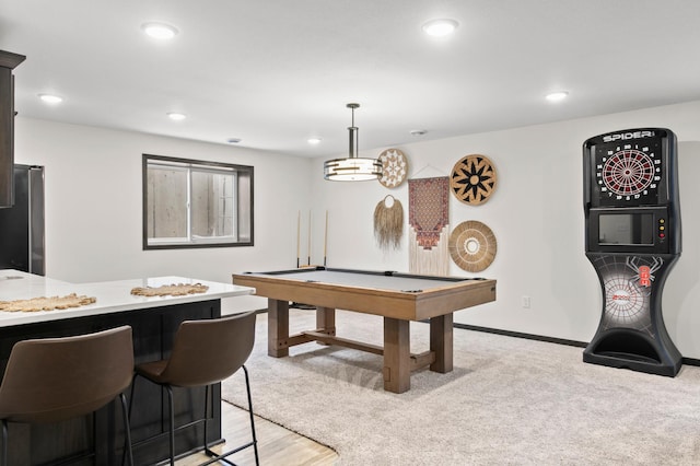 playroom with billiards, recessed lighting, baseboards, and light carpet