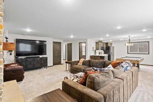 living area with billiards, recessed lighting, baseboards, and light carpet