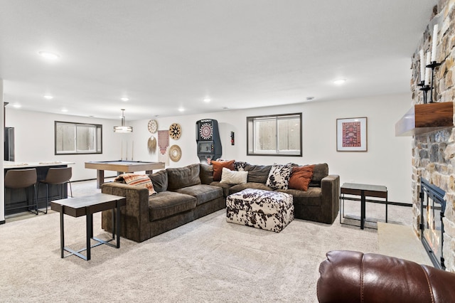 living room with recessed lighting, a fireplace, billiards, and carpet