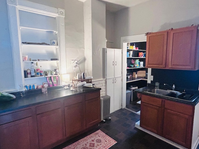 kitchen with dark countertops, radiator, dark floors, and a sink