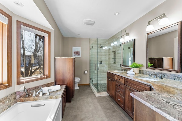 bathroom featuring tile patterned flooring, toilet, double vanity, a stall shower, and a sink