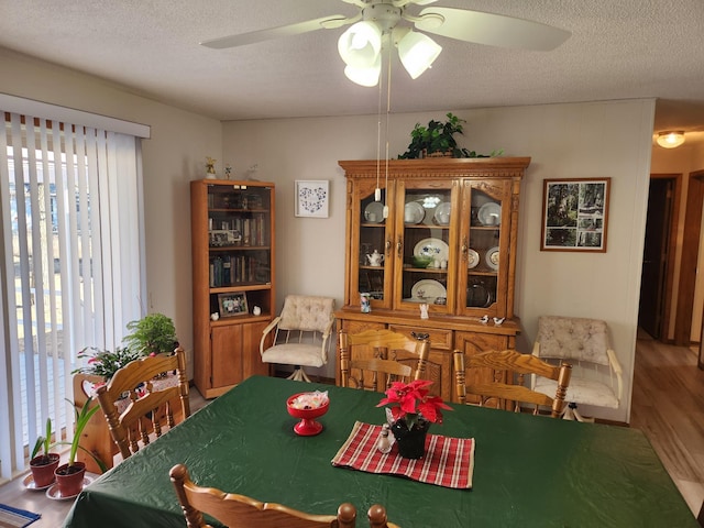 dining room featuring a ceiling fan, a textured ceiling, and wood finished floors