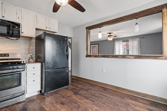 kitchen with tasteful backsplash, black appliances, ceiling fan, dark wood finished floors, and white cabinetry