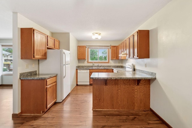 125 96th Ln NE, Blaine, MN 55434 - kitchen featuring white appliances, a sink, a peninsula, and wood finished floors