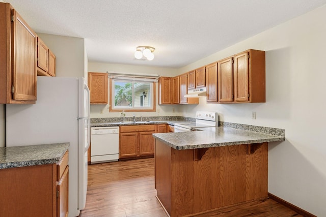 125 96th Ln NE, Blaine, MN 55434 - kitchen featuring white appliances, under cabinet range hood, a sink, a peninsula, and light wood finished floors