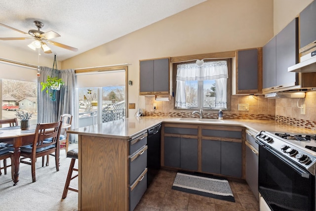 kitchen with backsplash, gas range, vaulted ceiling, a peninsula, and a sink