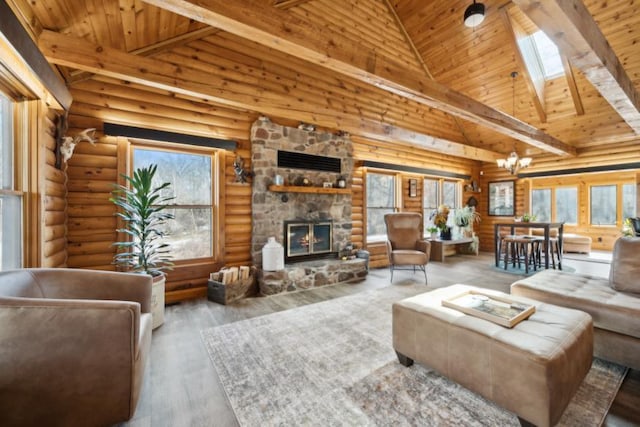 11669 Dellwood Rd, Grant, MN 55082 - living room featuring wood ceiling with exposed beams, wood finished floors, plenty of natural light, a fireplace, and a skylight