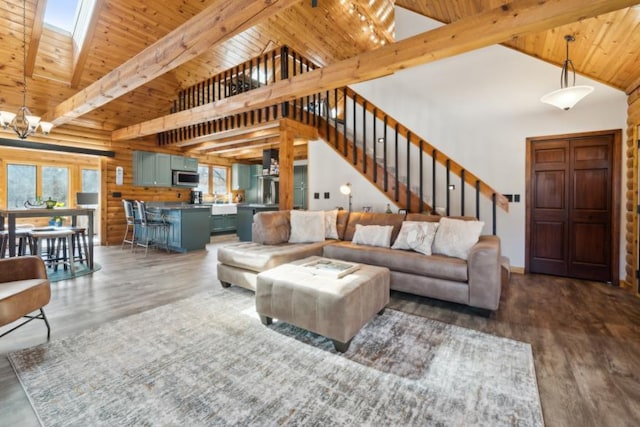 11669 Dellwood Rd, Grant, MN 55082 - living area featuring wood ceiling, a chandelier, wood finished floors, stairway, and a skylight