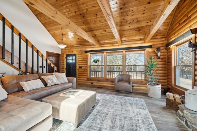 11669 Dellwood Rd, Grant, MN 55082 - living room with wooden ceiling, rustic walls, wood finished floors, and stairway