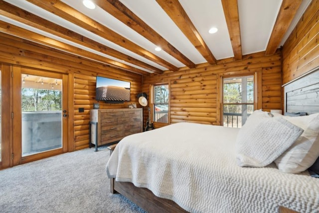 11669 Dellwood Rd, Grant, MN 55082 - carpeted bedroom with access to outside, multiple windows, beam ceiling, and recessed lighting