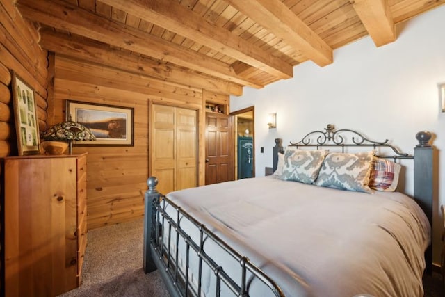 11669 Dellwood Rd, Grant, MN 55082 - bedroom with dark carpet, wooden ceiling with exposed beams, wooden walls, and a closet