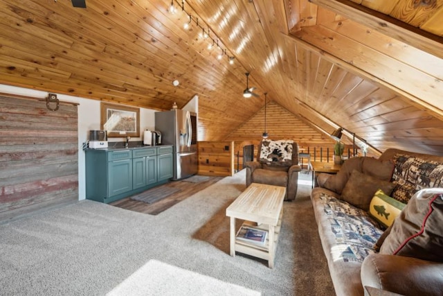 11669 Dellwood Rd, Grant, MN 55082 - living area with wood walls, wood ceiling, track lighting, lofted ceiling, and carpet flooring