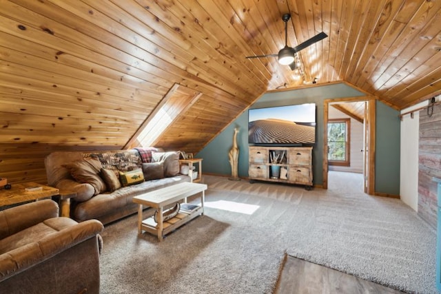 11669 Dellwood Rd, Grant, MN 55082 - living area with wood ceiling, carpet floors, a ceiling fan, and lofted ceiling