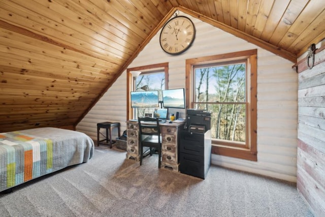 11669 Dellwood Rd, Grant, MN 55082 - bedroom featuring carpet floors, wood ceiling, vaulted ceiling, and an office area
