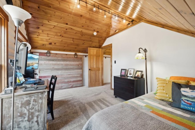 11669 Dellwood Rd, Grant, MN 55082 - carpeted bedroom featuring vaulted ceiling, wood ceiling, rail lighting, and wooden walls