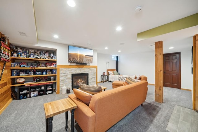 11669 Dellwood Rd, Grant, MN 55082 - living room featuring recessed lighting, carpet, and a fireplace