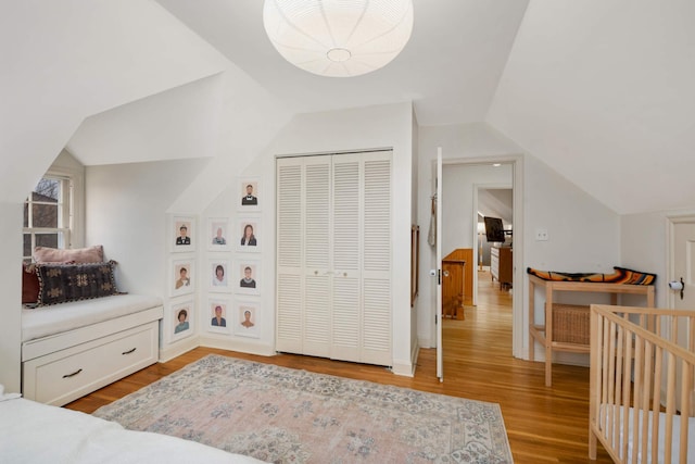 bedroom featuring lofted ceiling, a closet, and wood finished floors