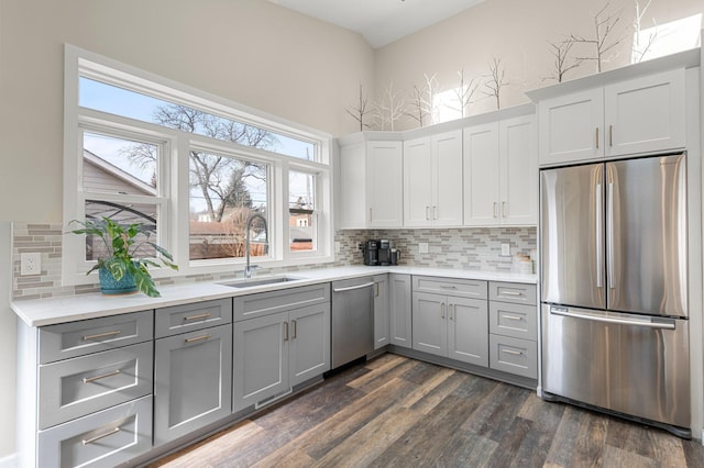 kitchen featuring a sink, gray cabinetry, dark wood-style flooring, and stainless steel appliances