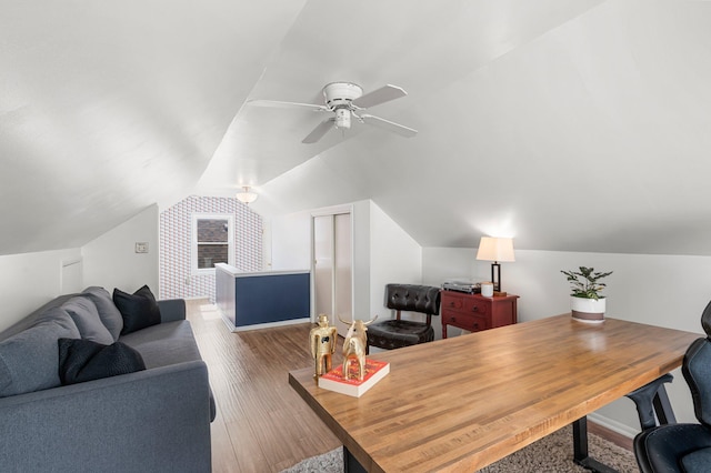 office with lofted ceiling, wood finished floors, and ceiling fan