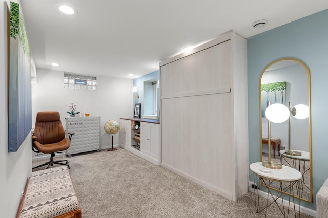 sitting room featuring recessed lighting, baseboards, and carpet floors