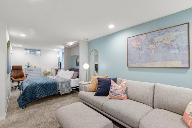 bedroom with recessed lighting and carpet floors