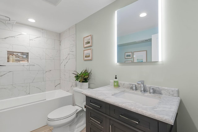 bathroom with visible vents, toilet, recessed lighting, shower / bath combination, and vanity