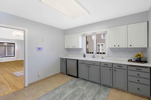 kitchen featuring gray cabinetry, a sink, white cabinets, stainless steel dishwasher, and tasteful backsplash