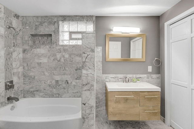 bathroom featuring shower / bath combination, wainscoting, tile walls, and vanity